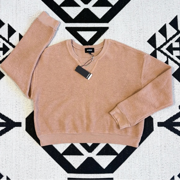 Monrow Cropped Teddy Fleece Sweatshirt in Tan Medium - Picture 3 of 13